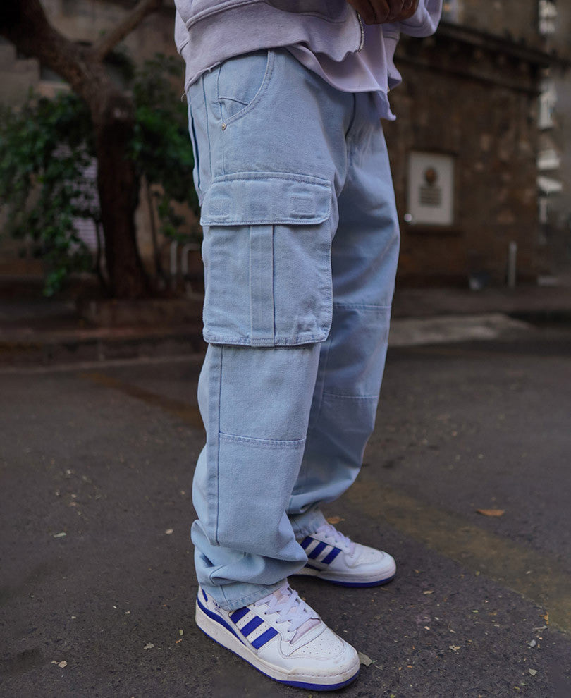 Sky Blue Denim Cargo Pocket Baggy Fit Jeans