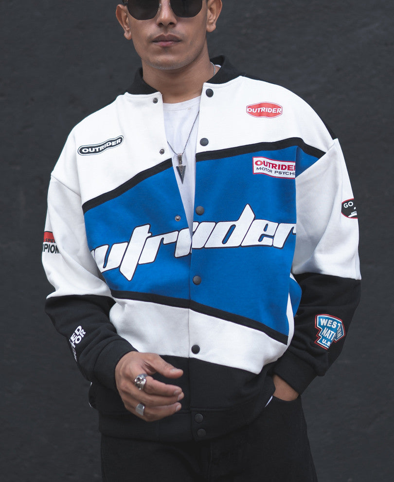 White and Blue Outrider Oversized Varsity Jacket