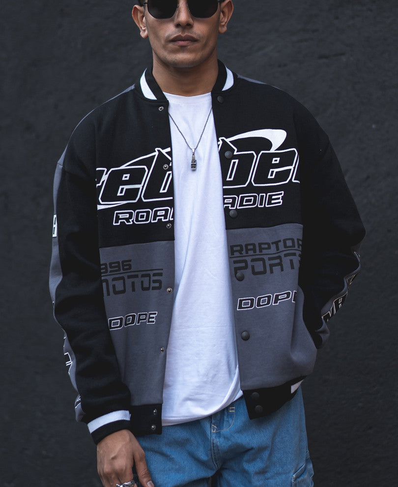 Grey and Black Rebel Oversized Varsity Jacket