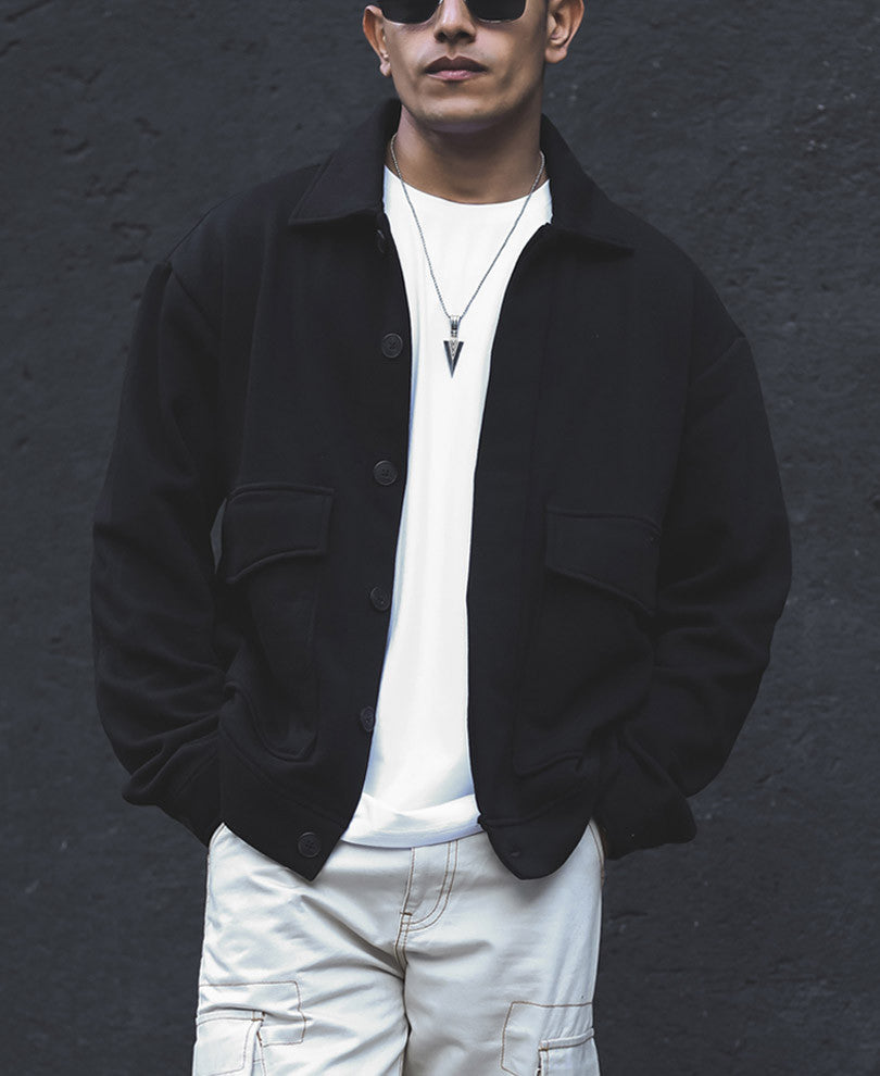 Black Plain Shacket Double Pocket Oversized Jacket