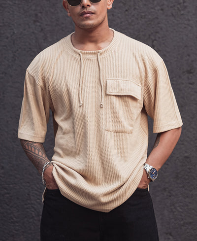 Beige Structured Oversized Half Sleeves T Shirt