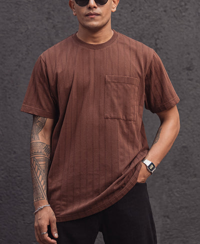 Brown Structured Regular Half Sleeves T Shirt