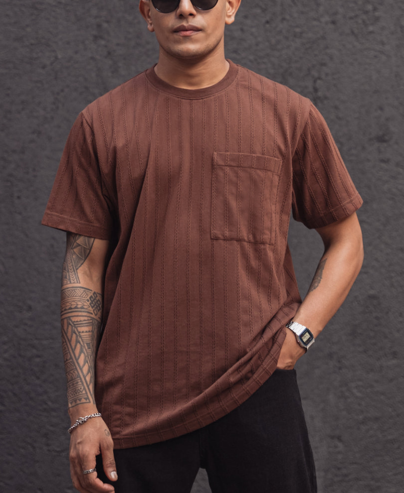 Brown Structured Regular Half Sleeves T Shirt