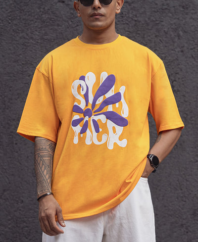 Mustard Structured Printed Oversized Half Sleeves T Shirt