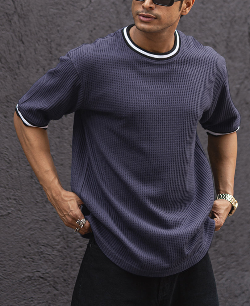 Navy Blue Structured Oversized Half Sleeves T Shirt