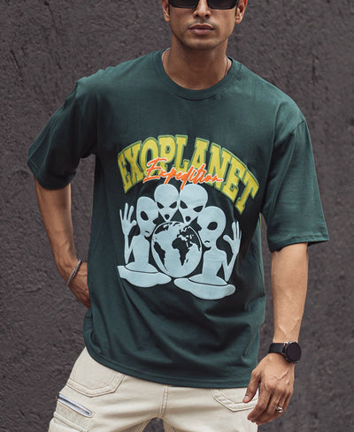 Dark Green Printed Oversized Half Sleeves T Shirt