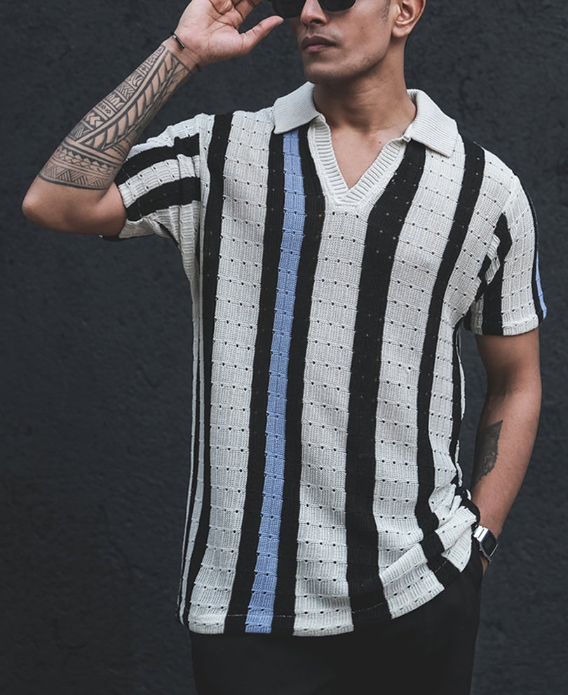 Multicolor Structured Knitted Striped Half Sleeves T Shirt