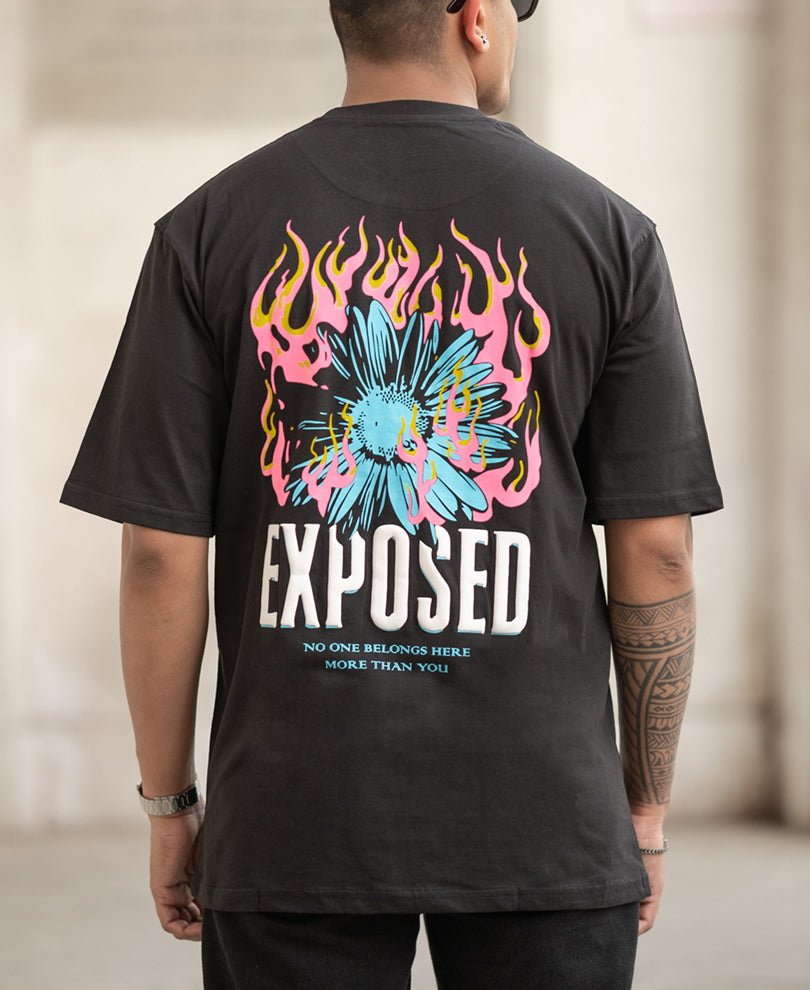 Black Exposed Printed Oversized T-Shirt