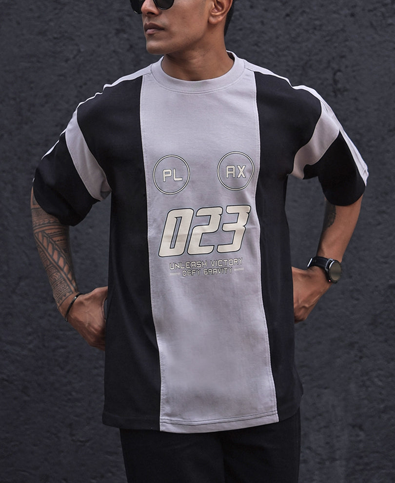 Grey and Black Printed Oversized Half Sleeves T Shirt