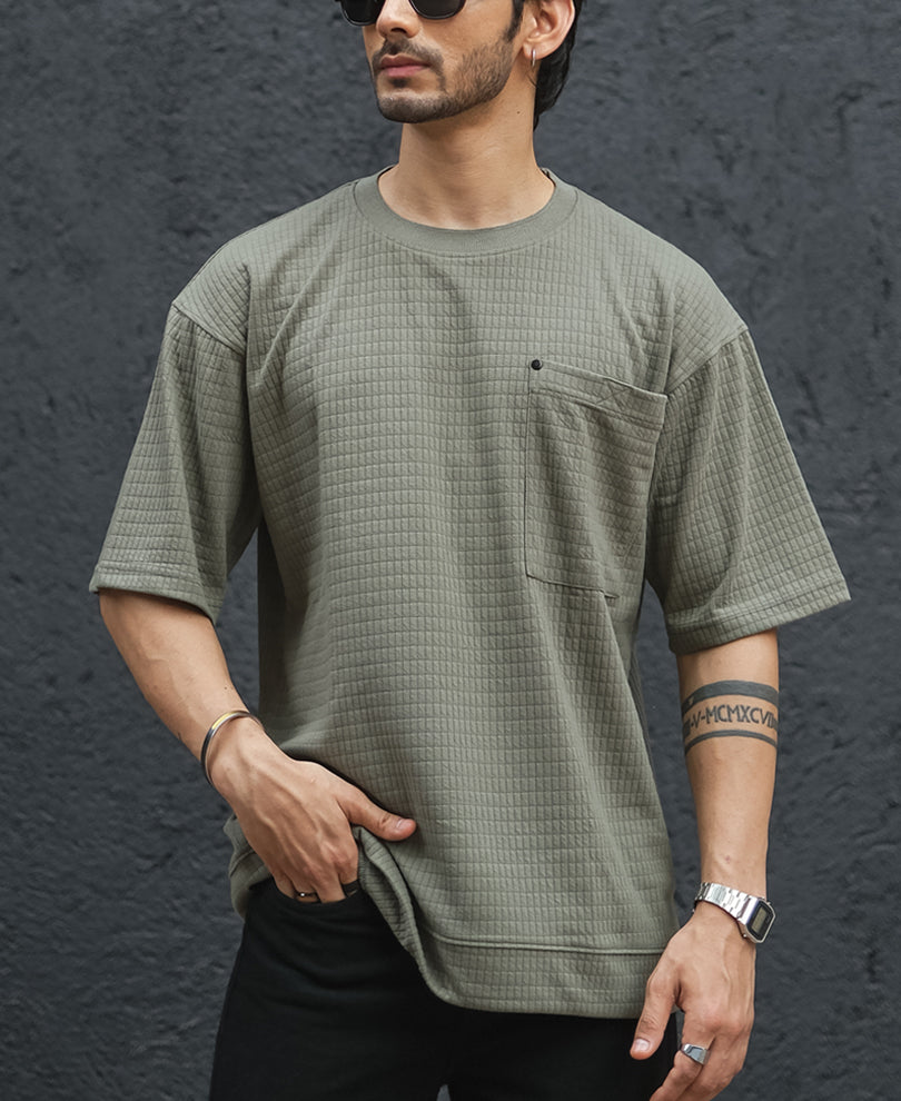 Green Structured Oversized Half Sleeves T Shirt