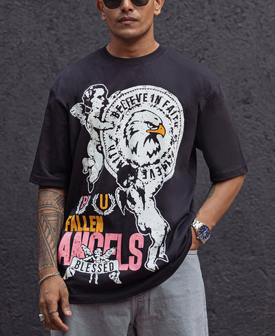 Black Printed Oversized Half Sleeves T Shirt