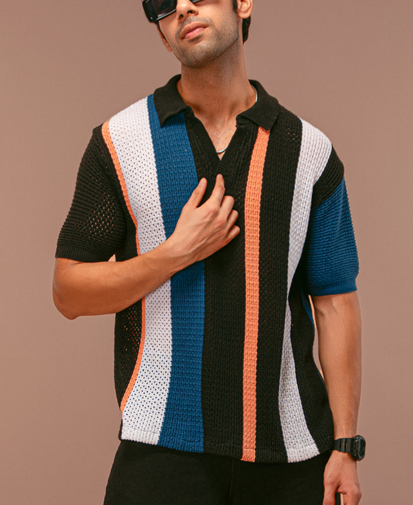Multicolor Crochet Striped T Shirt