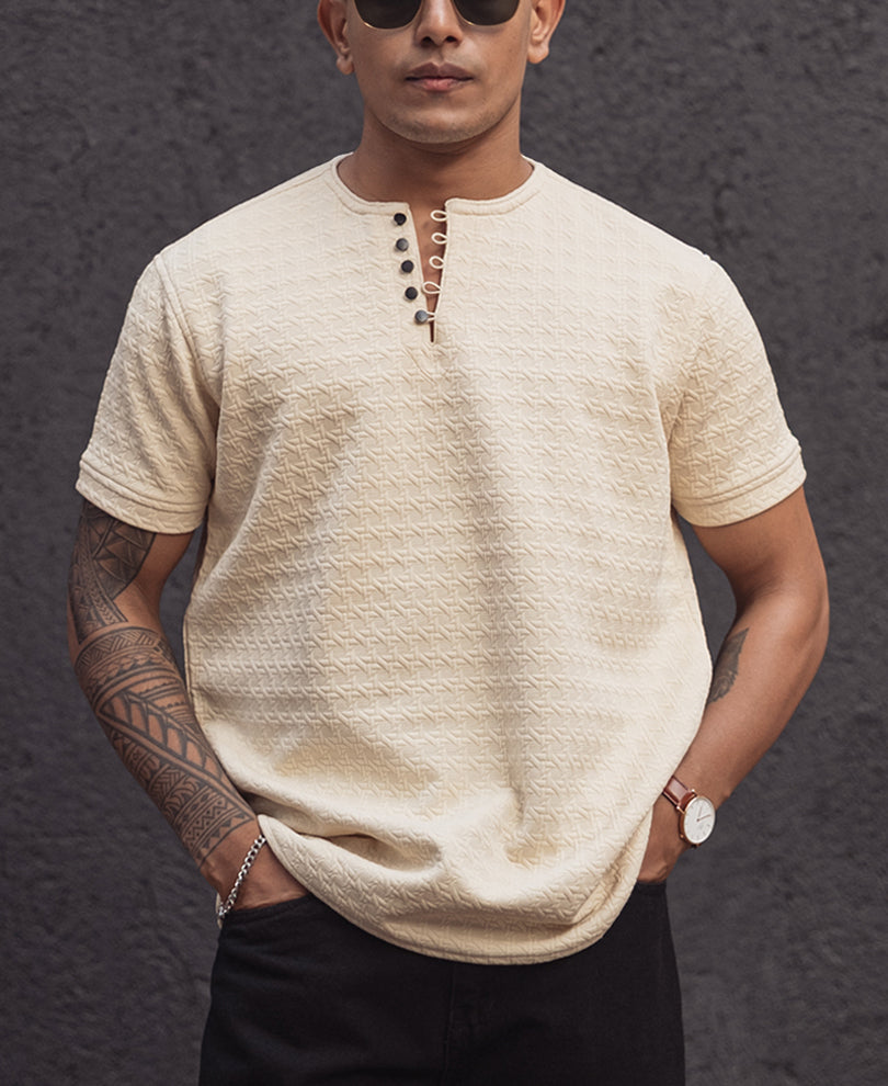 Cream Structured Regular Half Sleeves T Shirt