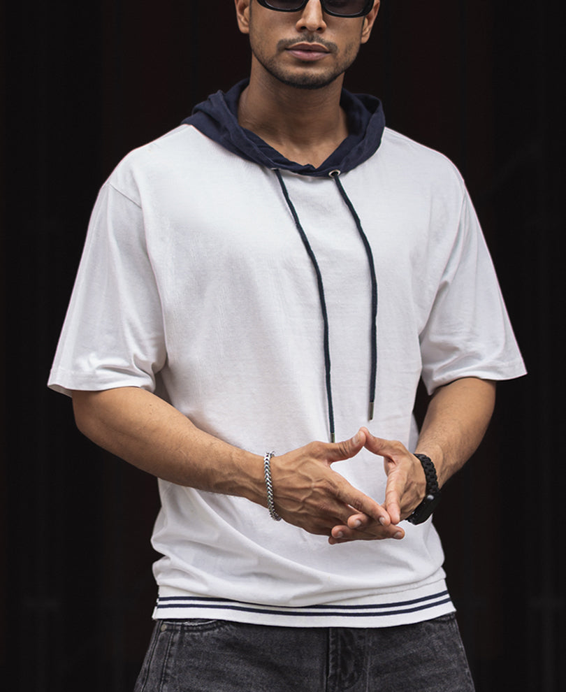 Off White and Navy Blue Oversized Half Sleeves Hoodie T Shirt