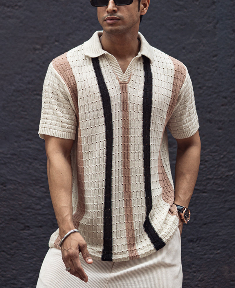 Off White and Beige Crochet Striped Regular Half Sleeves T Shirt