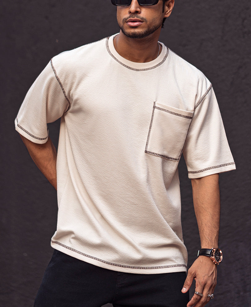 Cream Contrast Stitch Oversize Drop Shoulder T Shirt
