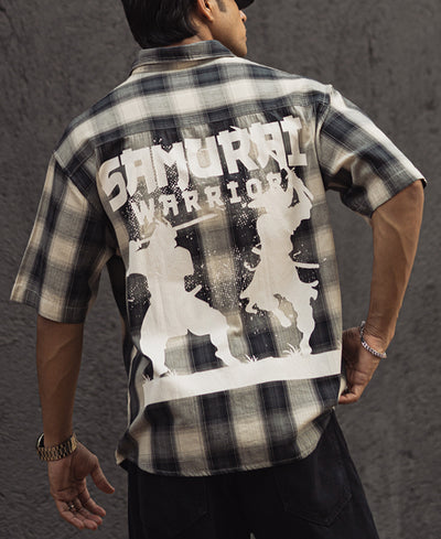 Black and White Checks Back Printed Oversized Half Sleeves Shirt