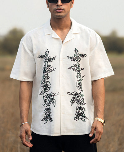 Off White Structured Embroidery Oversized Half Sleeves Shirt