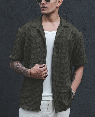 Olive Green Structured Oversized Half Sleeves Shirt