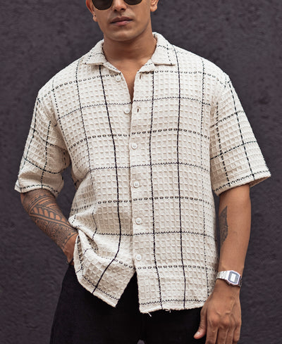 Off White and Black Structured Checks Oversized Shirt