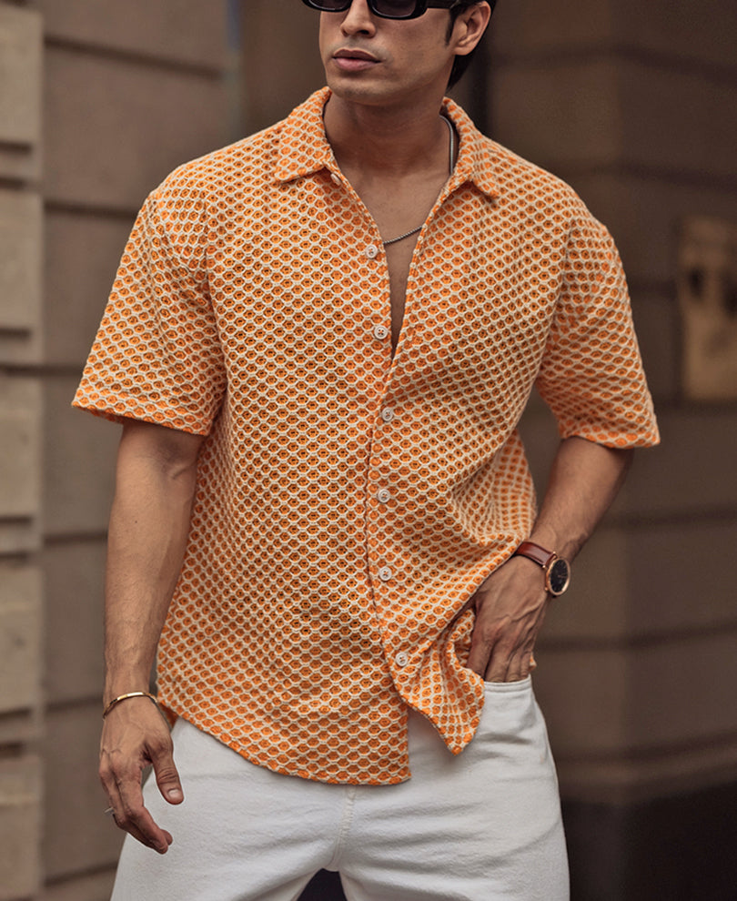 Orange and White Crochet Knit Oversized Shirt.