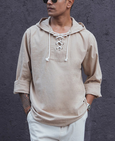 Beige Full Sleeves Hoodie Kurta Style Shirt
