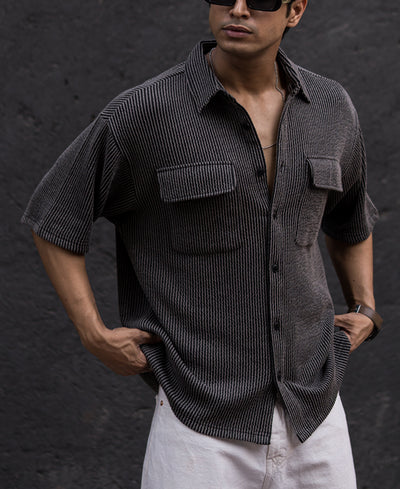 Black Structured Knitted Oversized Half Sleeves Shirt