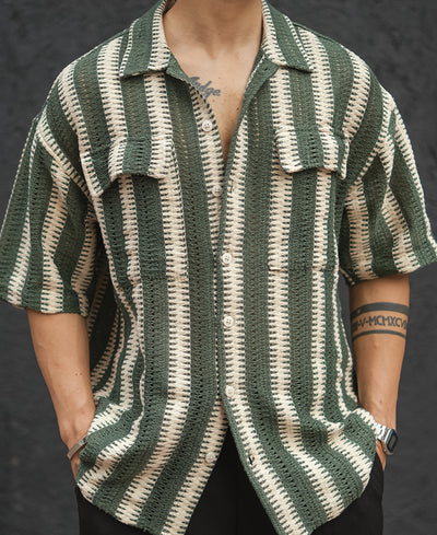 Green and Off White Crochet Striped Oversized Half Sleeves Shirt