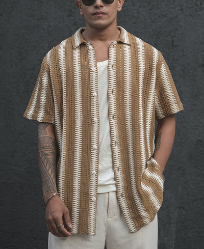 Beige and White Crochet Striped Half Sleeves Shirt