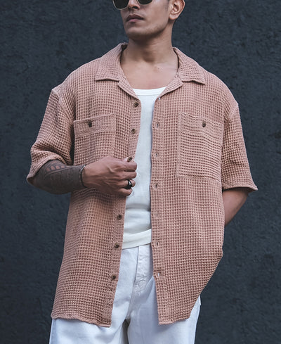 Camel Waffle Structured Oversized Half Sleeves Shirt