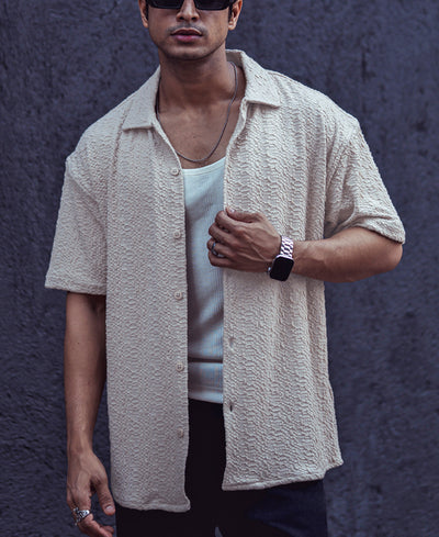 Beige Structured Oversized Half Sleeves Shirt
