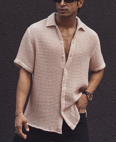 Light Pink Regular Fit Waffle Structured Shirt