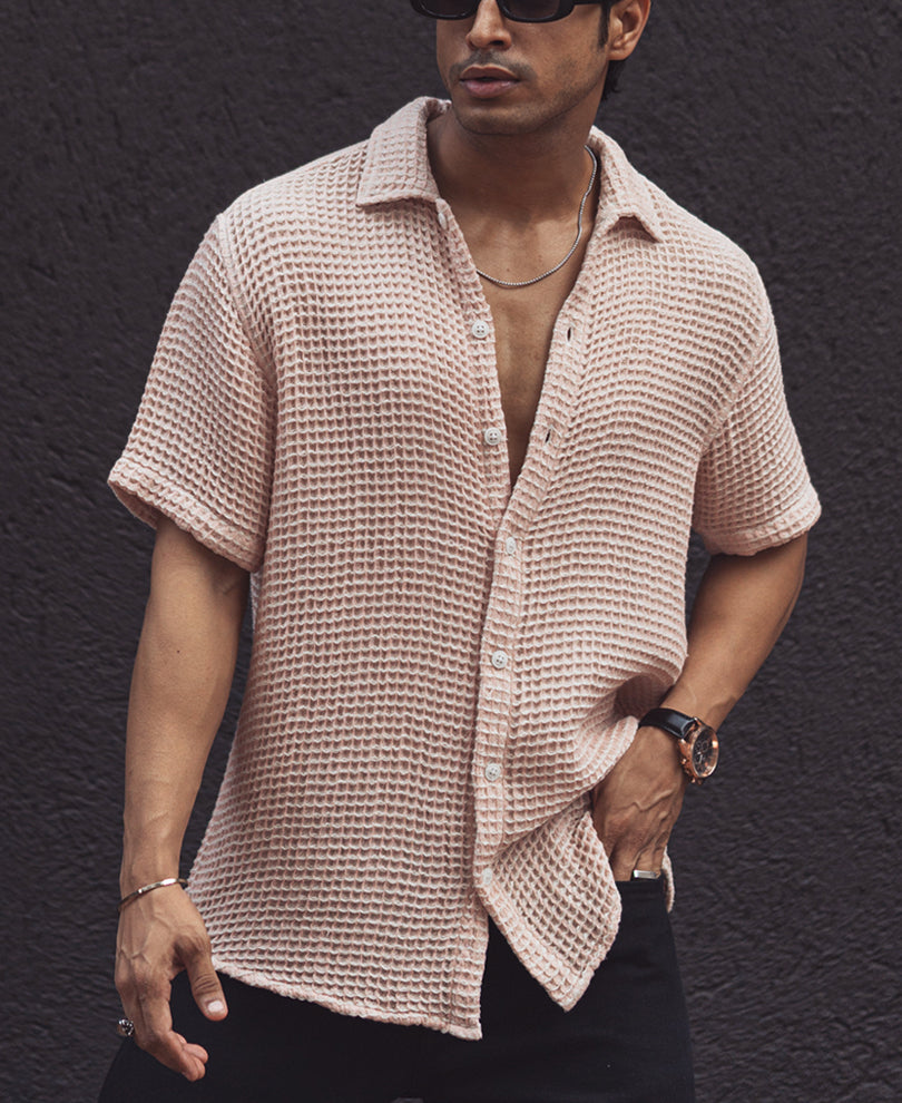 Light Pink Regular Fit Waffle Structured Shirt