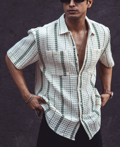 White and Green Structured Puff Waffle Striped Half Sleeves Shirt