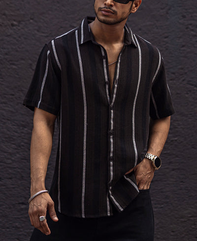 Black and White Striped Regular Fit Half Sleeves Shirt