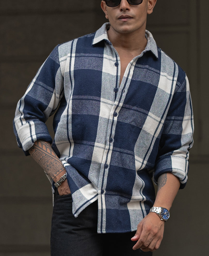 Navy Blue And White Checks Regular Fit Full Sleeves Shirt