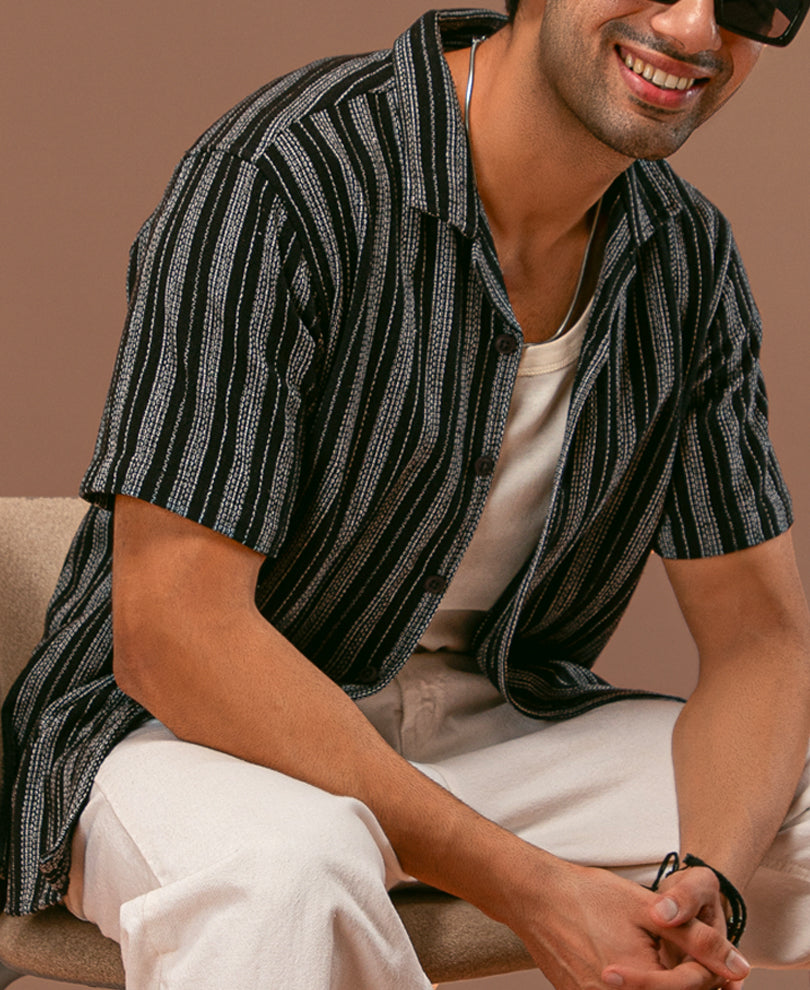 Black and White Structured Striped Half Sleeves Shirt