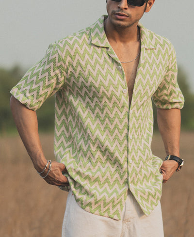 Green and White Oversized Half Sleeves Striped Shirt