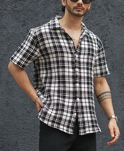 White and Black Structured Checks Half Sleeves Shirt