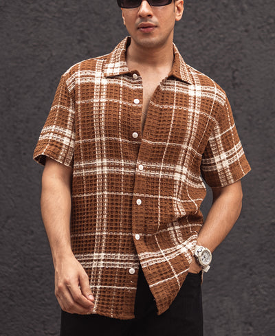 Brown Waffle Structured Checks Half Sleeves Shirt