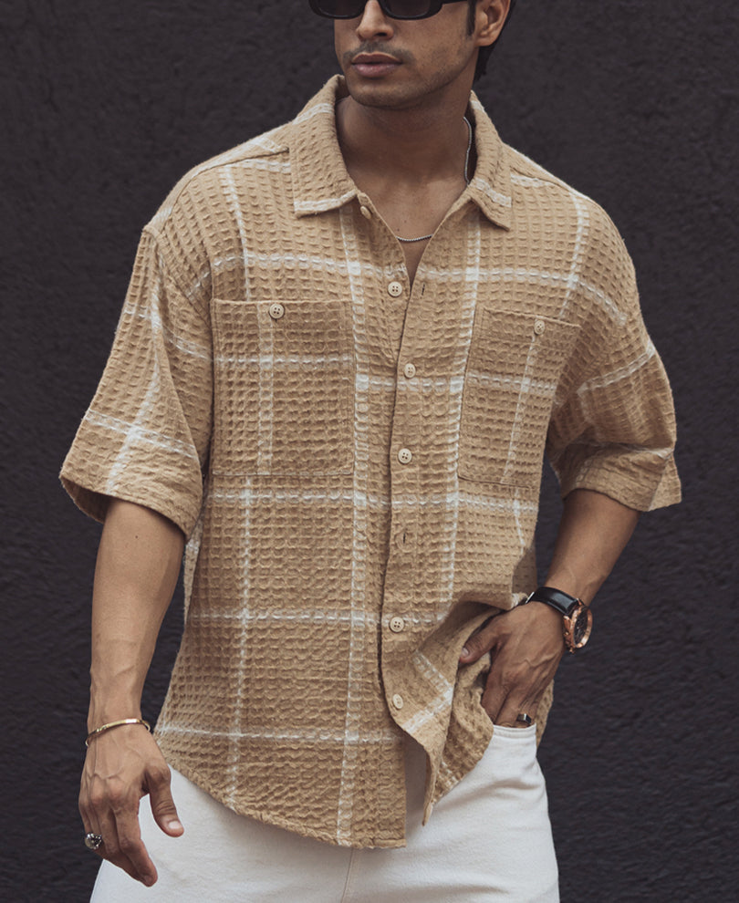 Beige Waffle Structured Checks Half Sleeves Shirt