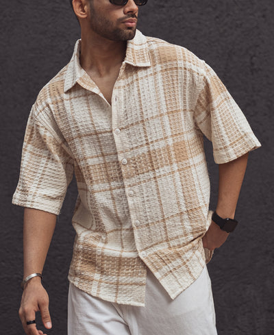 Beige and Off White Waffle Oversized Checks Half Sleeves Shirt