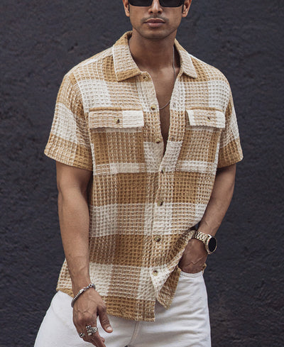 Beige and Off White Structured Checked Oversized Half Sleeves Shirt