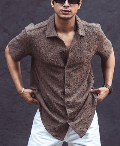 Dark Beige Textured Half Sleeves Shirt