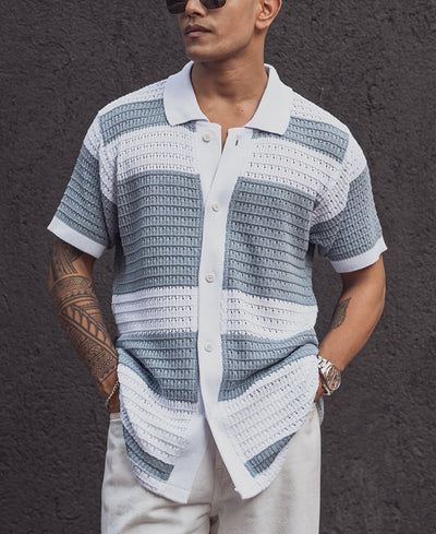 Sky Grey Structured Striped Regular Fit Half Sleeves Shirt