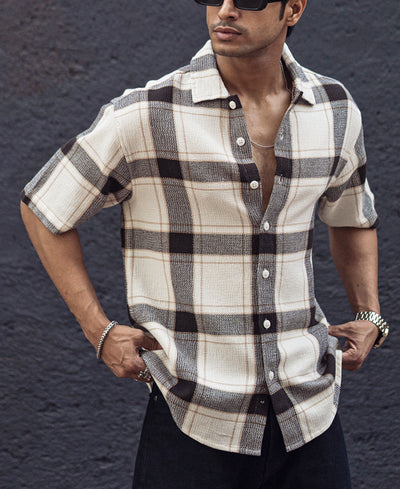 Off White and Brown Structured Oversized Checked Shirt