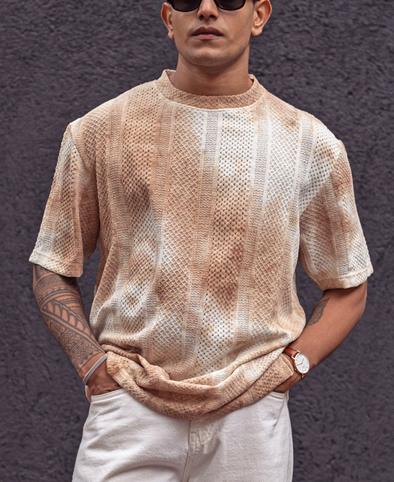 Light Brown Oversized Structured Tie Dye Print Half Sleeves T Shirt