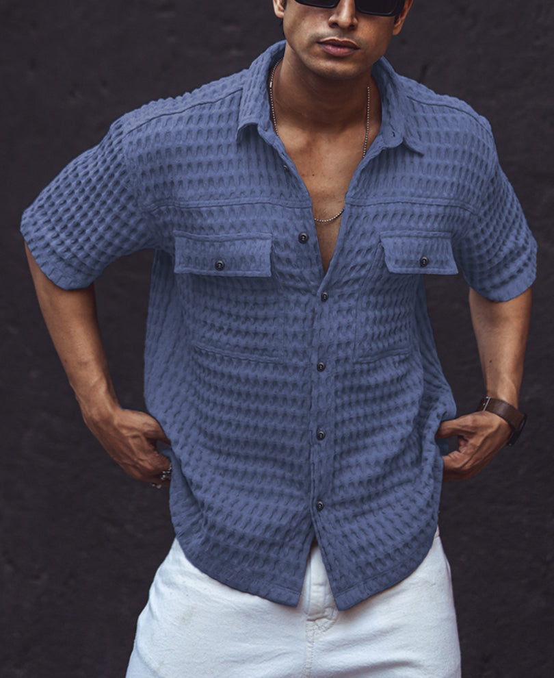 Blue Structured Regular Half Sleeves Shirt