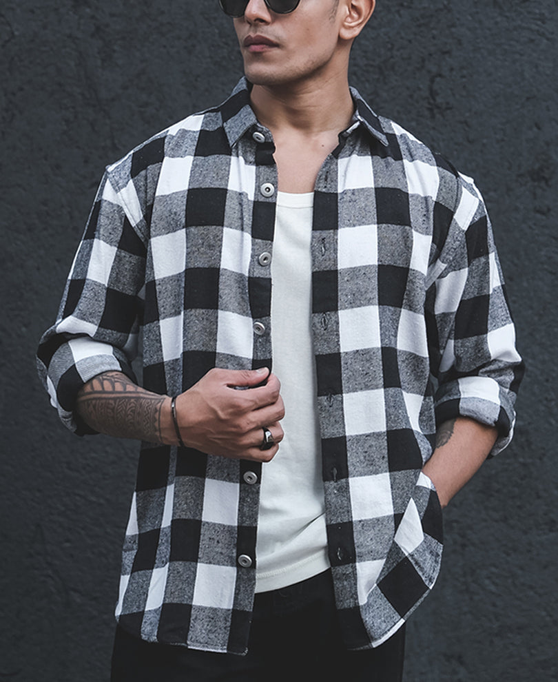 Black And White Flannel Checks Oversize Drop Shoulder Shirt