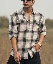 Cream Checked Structured Oversize Drop Shoulder Shirt